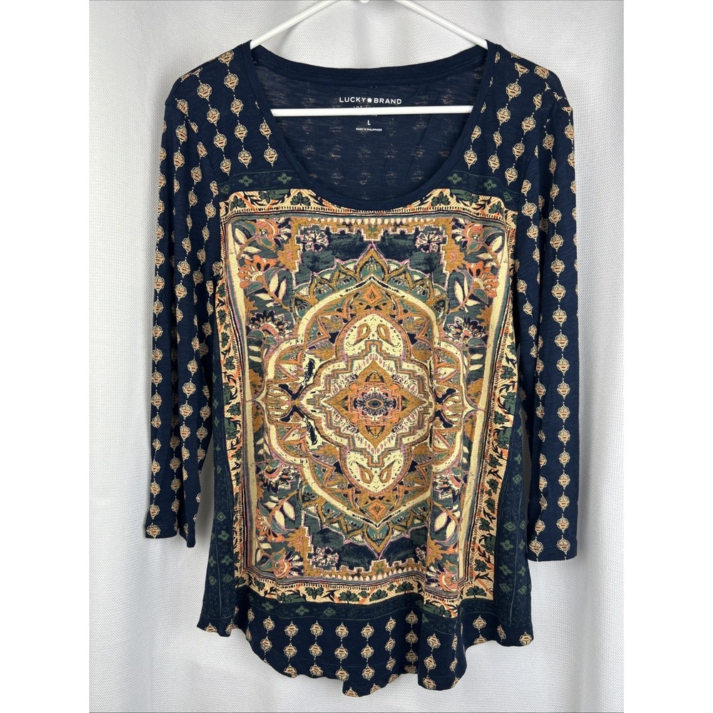 Lucky Brand Navy Medallion Boho Print T Shirt Large Artsy 3/4 Sleeve Scoop Neck